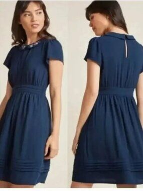 ModCloth Embroidered Floral Peter Pan Collar Babydoll Dress Blue Women's Plus 2X